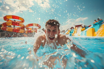 young boy enjoying swimming pool slide in summer