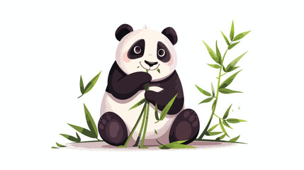 Cartoon panda sitting and eating bamboo flat vector i