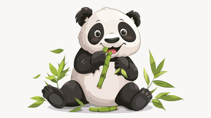 Cartoon panda sitting and eating bamboo flat vector i