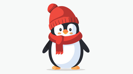 Fototapeta premium Cartoon penguin with a cute red hat flat vector isolated