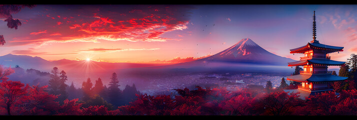  Beautiful  landmark travel with sunrise sunset panoramic background and sakura blossom. - obrazy, fototapety, plakaty