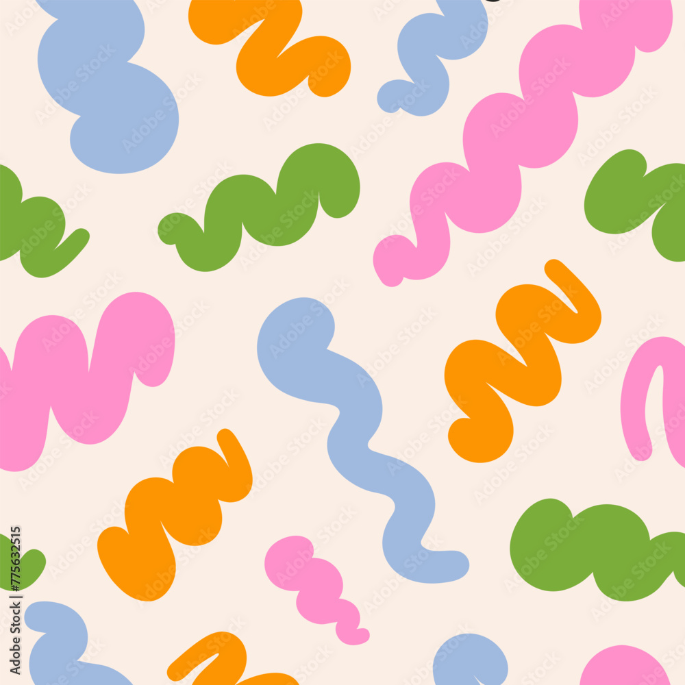 Poster Abstract seamless pattern with colorful wavy retro groovy shapes on a beige background. Vector illustration in style 90s, 00s	