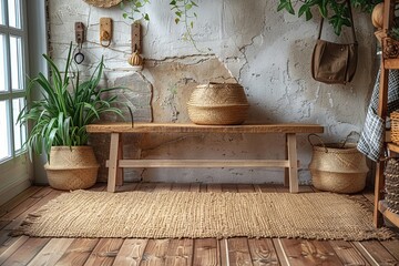 A close-up front view of a Scandinavian-inspired entryway featuring a simple wooden bench, a woven rug and a series of hooks. 