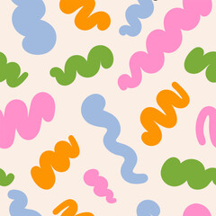 Abstract seamless pattern with colorful wavy retro groovy shapes on a beige background. Vector illustration in style 90s, 00s	