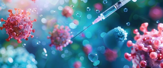 A needle with syringe in the foreground and colorful stylized virus particles on blue background.  corona virus with syringe needle close up - obrazy, fototapety, plakaty