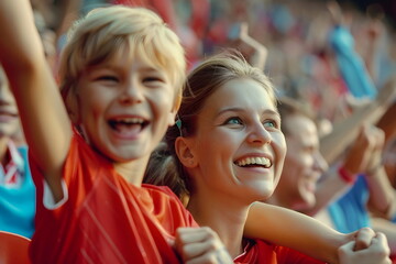 mother and son cheering on a football match with raised hands