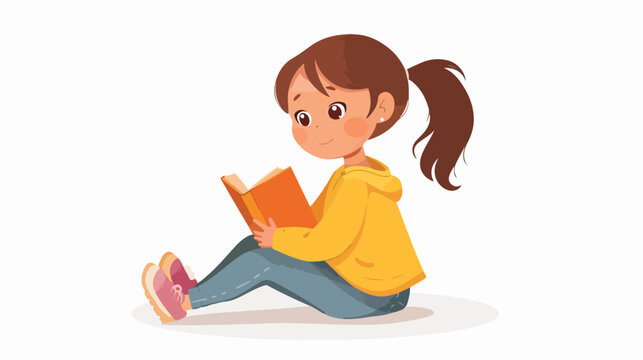 Cartoon little girl sitting and reading a book flat vector