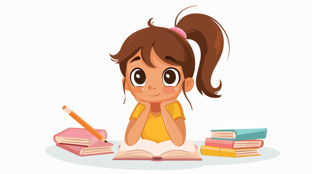 Cartoon little girl thinking while studying flat vector