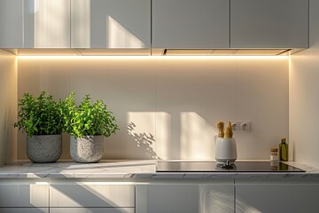 An immaculate, minimalist kitchen scene, highlighted in a close-up shot that focuses on sleek white cabinetry and a marble countertop.