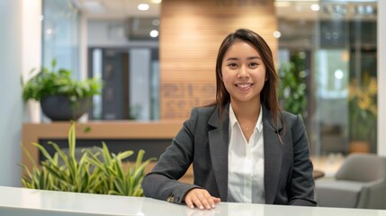 Smiling reception behind front desk