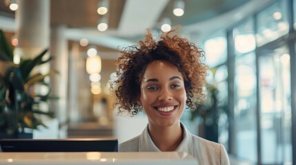 Smiling reception behind front desk