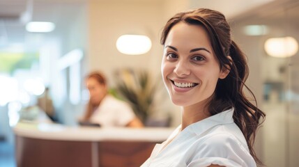 Smiling reception behind front desk
