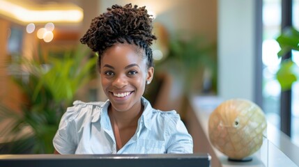 Smiling reception behind front desk