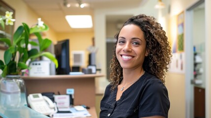 Smiling reception behind front desk