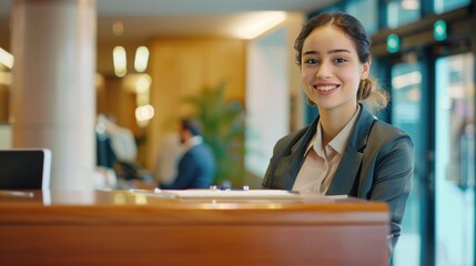 Smiling reception behind front desk