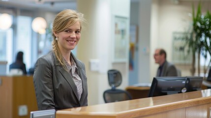 Smiling reception behind front desk