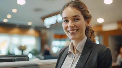 Smiling reception behind front desk