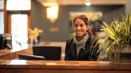 Smiling reception behind front desk