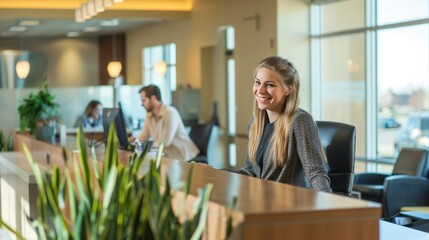 Smiling reception behind front desk