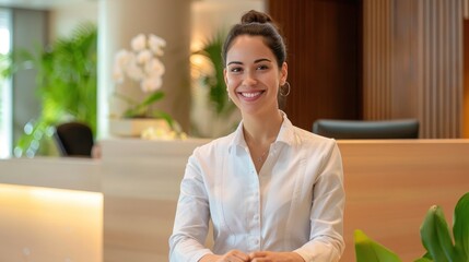 Smiling reception behind front desk