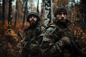 Two military soldiers standing in a forest on a lookout - obrazy, fototapety, plakaty