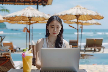young asian woman working on a laptop in a beach bar