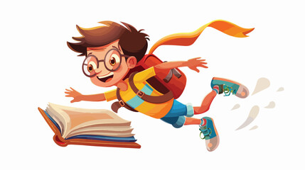 Cartoon schoolboy flying on a book flat vector isolated