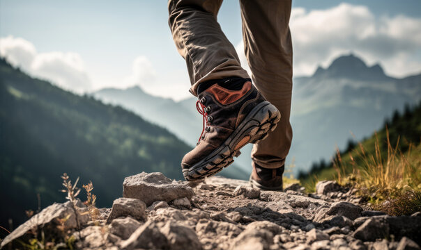 Close up photo of hiker boots on mountains during hiking.
