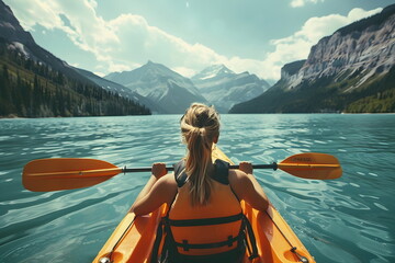 young woman rowing in a kayak on the lake, back view - obrazy, fototapety, plakaty