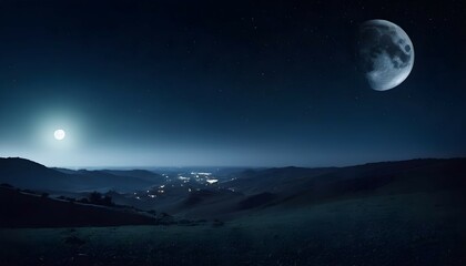 Naklejka na ściany i meble Beautiful night sky with moon and stars over dark landscape