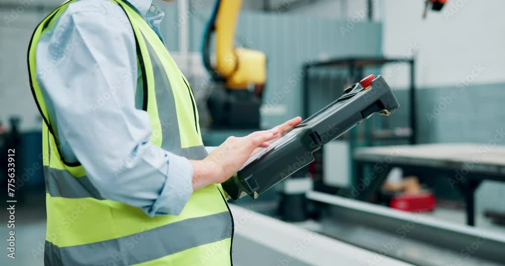 Poster Inspection, hands and man with tablet, robotics or connection with app or project management. Person, welding or architecture with tech, closeup or internet with planning, tools or online reading
