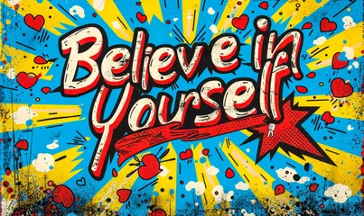 Foto op Plexiglas Inspirational Believe in Yourself motivational quote with dynamic starburst effect, promoting self confidence, empowerment, and positive mindset in bold comic style lettering © Bartek