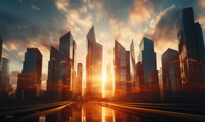 Skyscrapers in futuristic city with amazing sunrise.