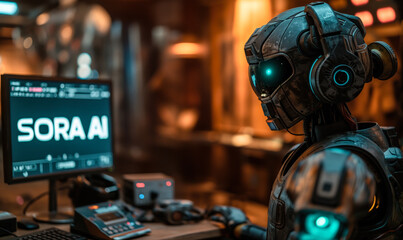 Advanced Robot with Humanoid Features Engaged in Video Production Showcases SORA AI Text-to-Video Model Technology in a High-Tech Environment