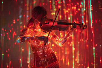 A woman in a red suit is playing a violin