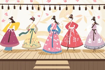 Cartoon cute doodles of a traditional Korean hanbok fashion show with elegant models on a runway, Generative AI