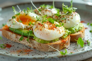 poached eggs with creamy avocado on toasted bread, garnished with microgreens