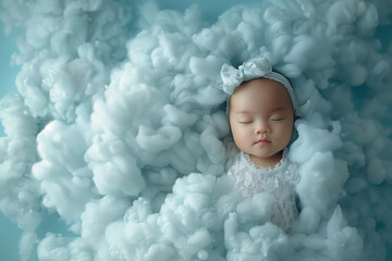 Adorable baby sleeping in clouds like little angel. newborn baby sleeping in clouds floating