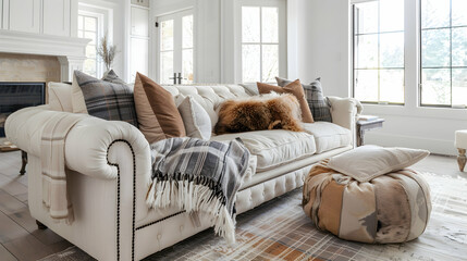 Modern living room interior design: bohemian, farmhouse, country. White couch with beige upholstery, fur pillows, and plaid fringe.