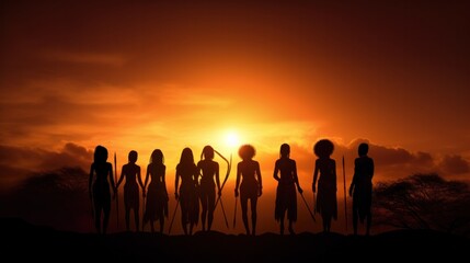 Silhouettes of african aborigines at sunset. Female tribe members - obrazy, fototapety, plakaty