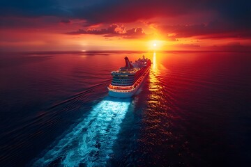 Cruise Ship Sailing in the Ocean at Sunset