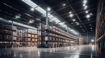 Fototapeta premium High-ceilinged modern logistics warehouse interior with neatly stacked polished steel storage racks