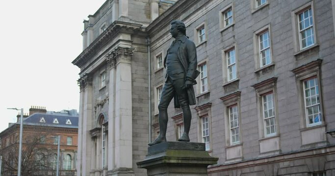 Edmund Burke Statue In Front Of Trinity College Dublin In Dublin, Ireland. - wide shot