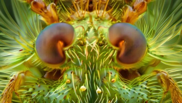A magnified view of a beetles labium showing a symmetrical arrangement of soft y structures used for tasting and guiding food towards . AI generation.