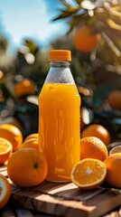 A bottle of orange juice sits on a wooden board, surrounded by fresh oranges, against a backdrop of a blue sky.