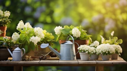 Spring rustic still life with garden tools, watering cans, seedling pots and a sprig of blooming viburnum on a garden wooden