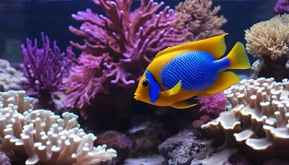 Fototapeta na wymiar Vibrant tropical fish swimming among colorful corals in a mesmerizing saltwater aquarium ecosystem