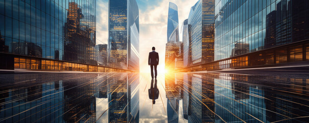 Successful businessman walking down the business centrum, reflective skyscrapers around. - obrazy, fototapety, plakaty