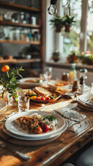 A table with a variety of food and drinks, including wine glasses, cups