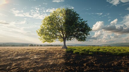 Climate change, A drying tree with air pollution and green grass with beautiful sunlight sky metaphor world nature disaster and global warming concept.
